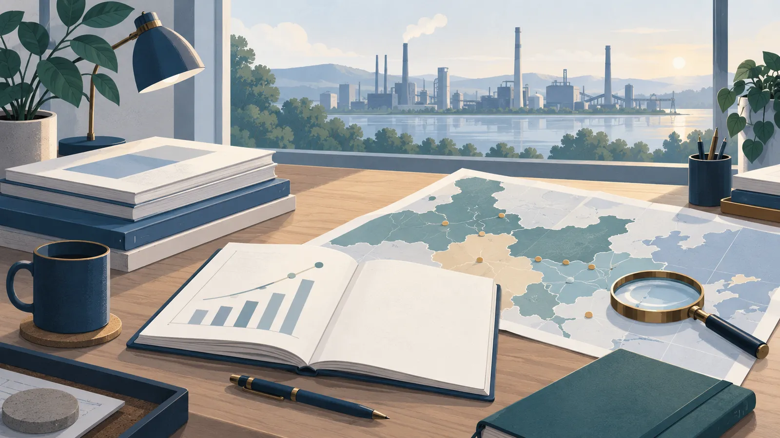 Research desk with reports, a notebook, a regional map and magnifier overlooking an industrial skyline.