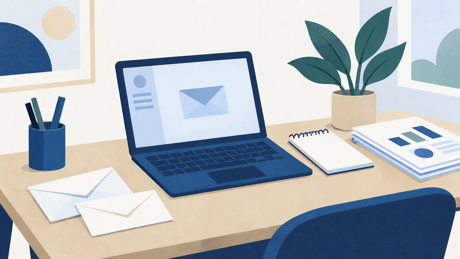 Envelopes, a laptop, a notepad and research papers beside a desk plant.
