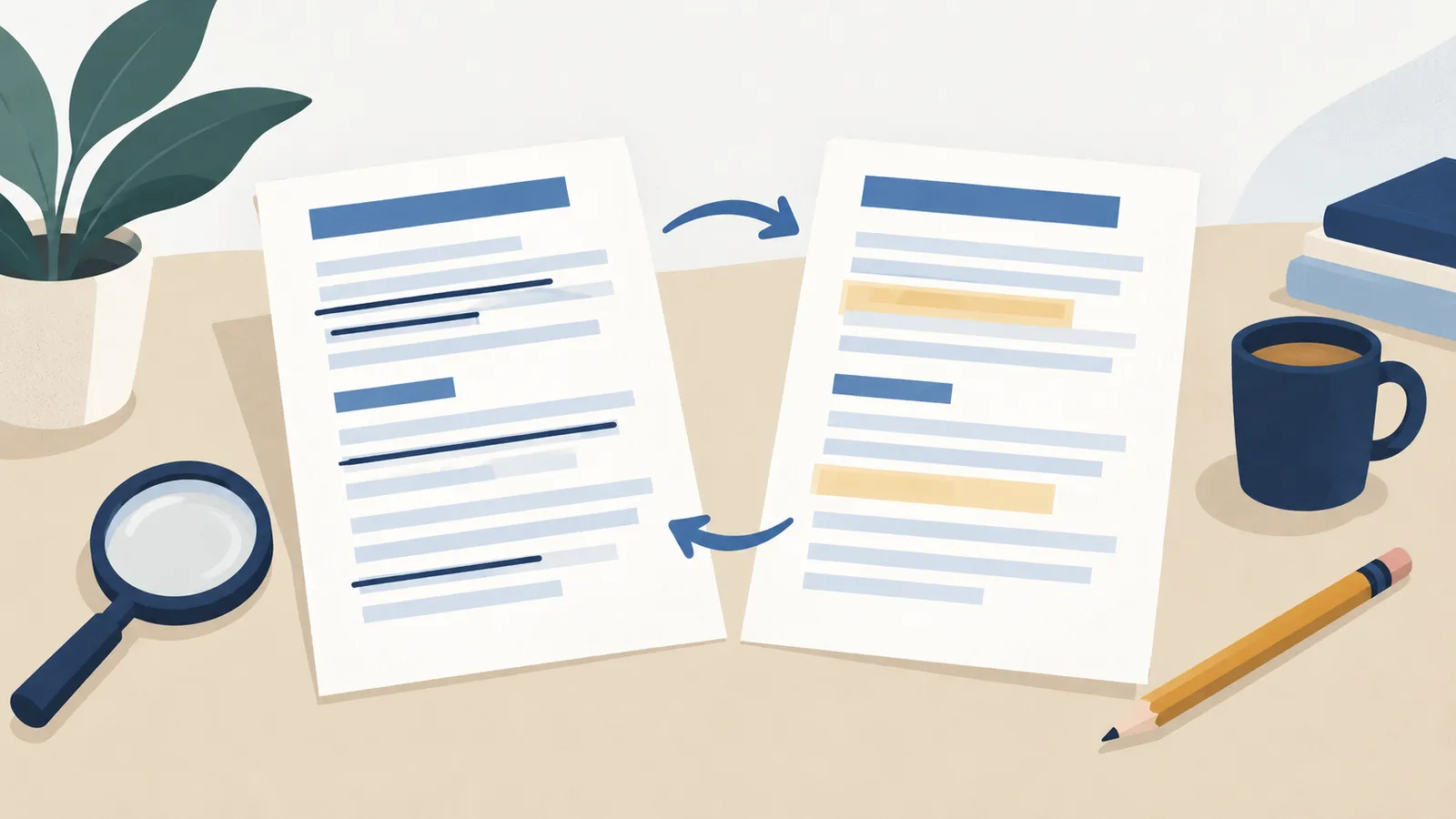 Two documents with abstract revision marks, a pencil and a magnifier.