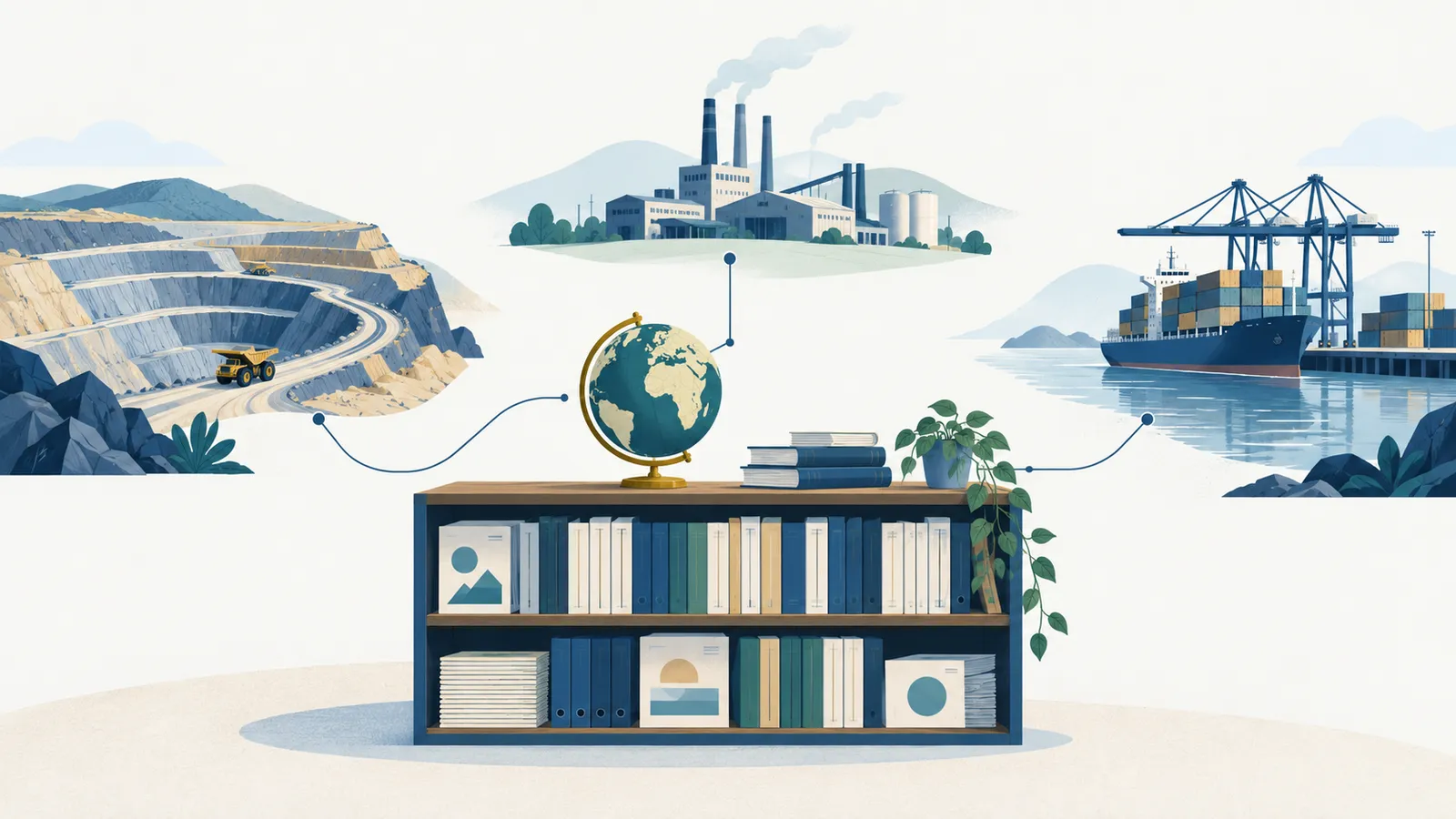 Public-data archive and globe connected to a mine, factory and container port.