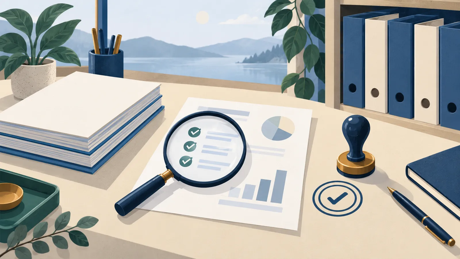 Source reports, a magnifier, check marks, an abstract review seal and an archive shelf.