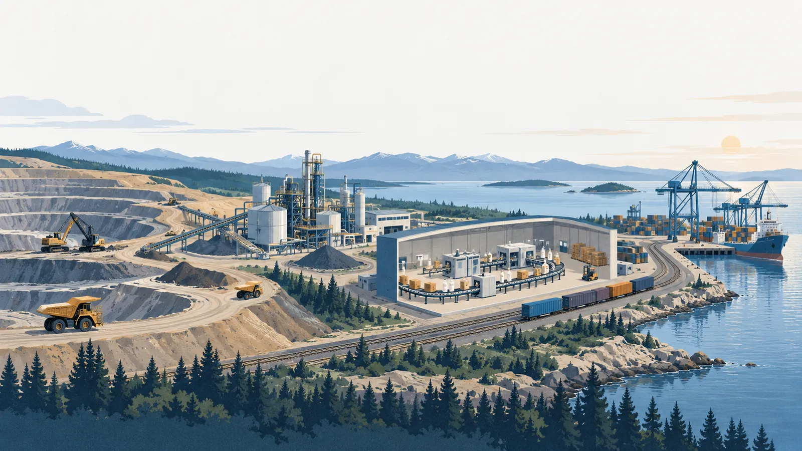 Mine, industrial plant, packaging line, freight rail and cargo port in a morning panorama.