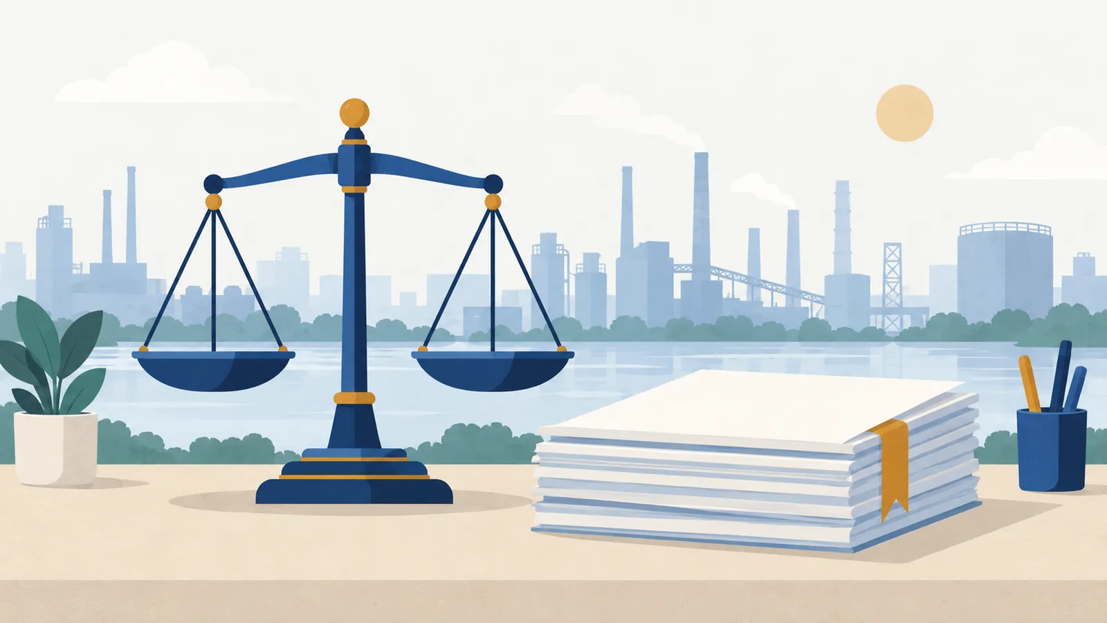 Balanced scale beside stacked documents and a bookmark, with an industrial skyline behind.