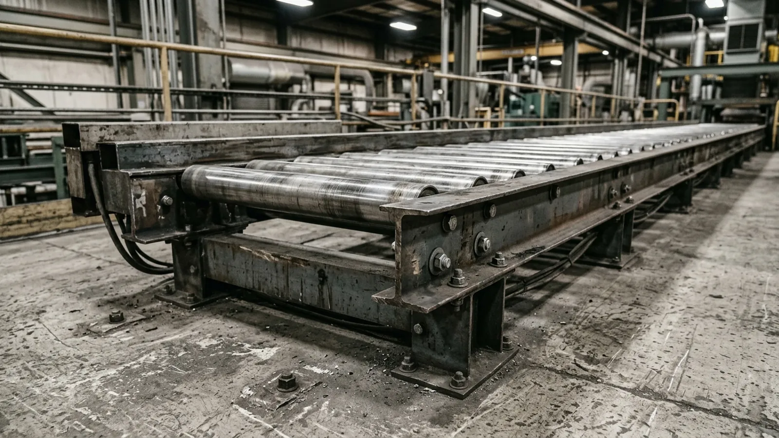 Heavy steel roller conveyor section and bolted I-beam frame anchored to a concrete factory floor.