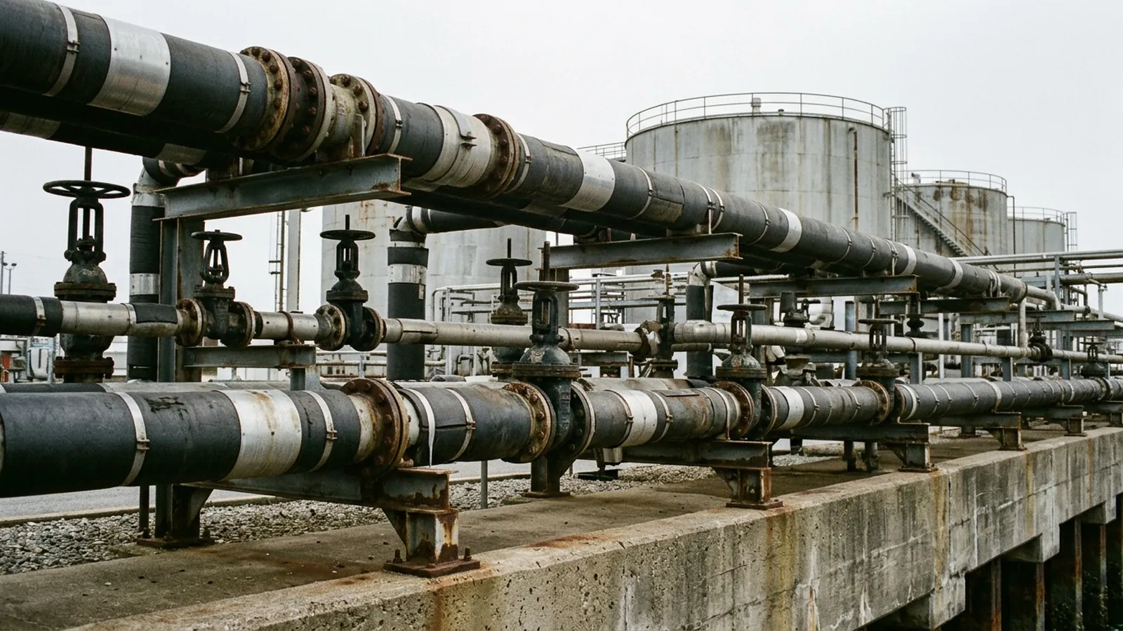 Insulated horizontal steel process pipes, bolted flanges, manual gate valves and cylindrical storage tanks along a concrete pipe rack.