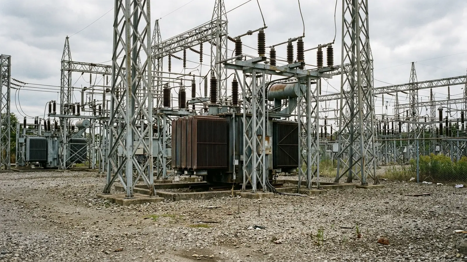 Galvanized steel lattice frames, transformer cooling fins and ceramic insulator stacks in an outdoor electrical substation yard.