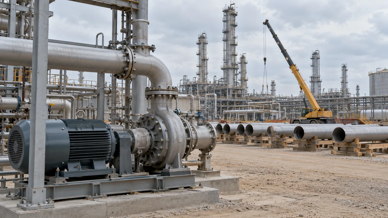 A large pump and pipe assembly in front of pipe sections, a crane and refinery towers.