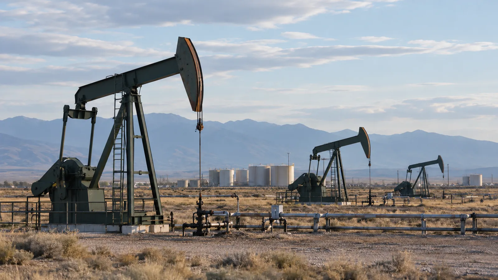 Pumpjacks, gathering pipes and distant storage tanks across a dry field.