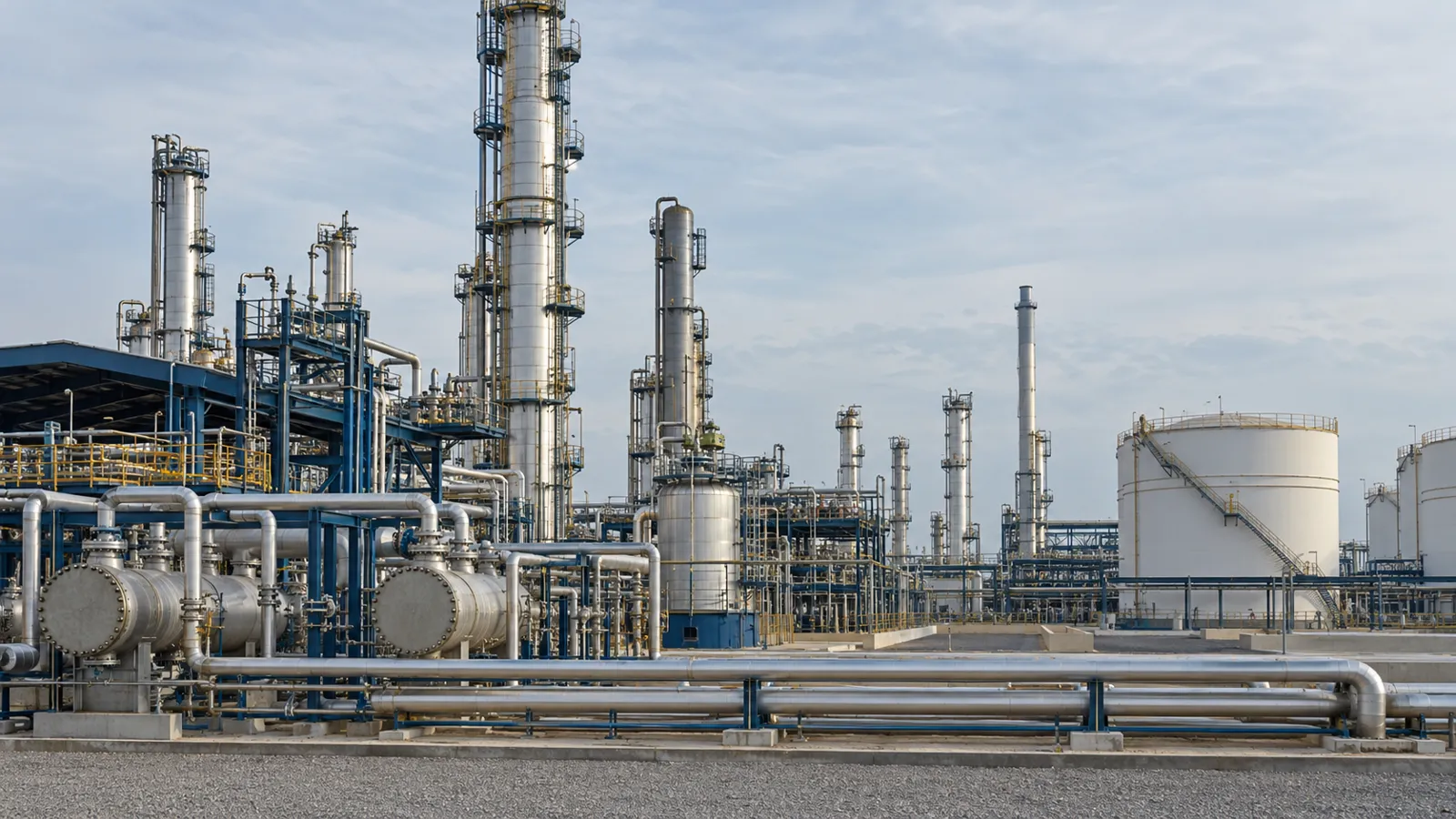 Silver refinery towers, horizontal pipelines and cylindrical storage tanks under a pale sky.