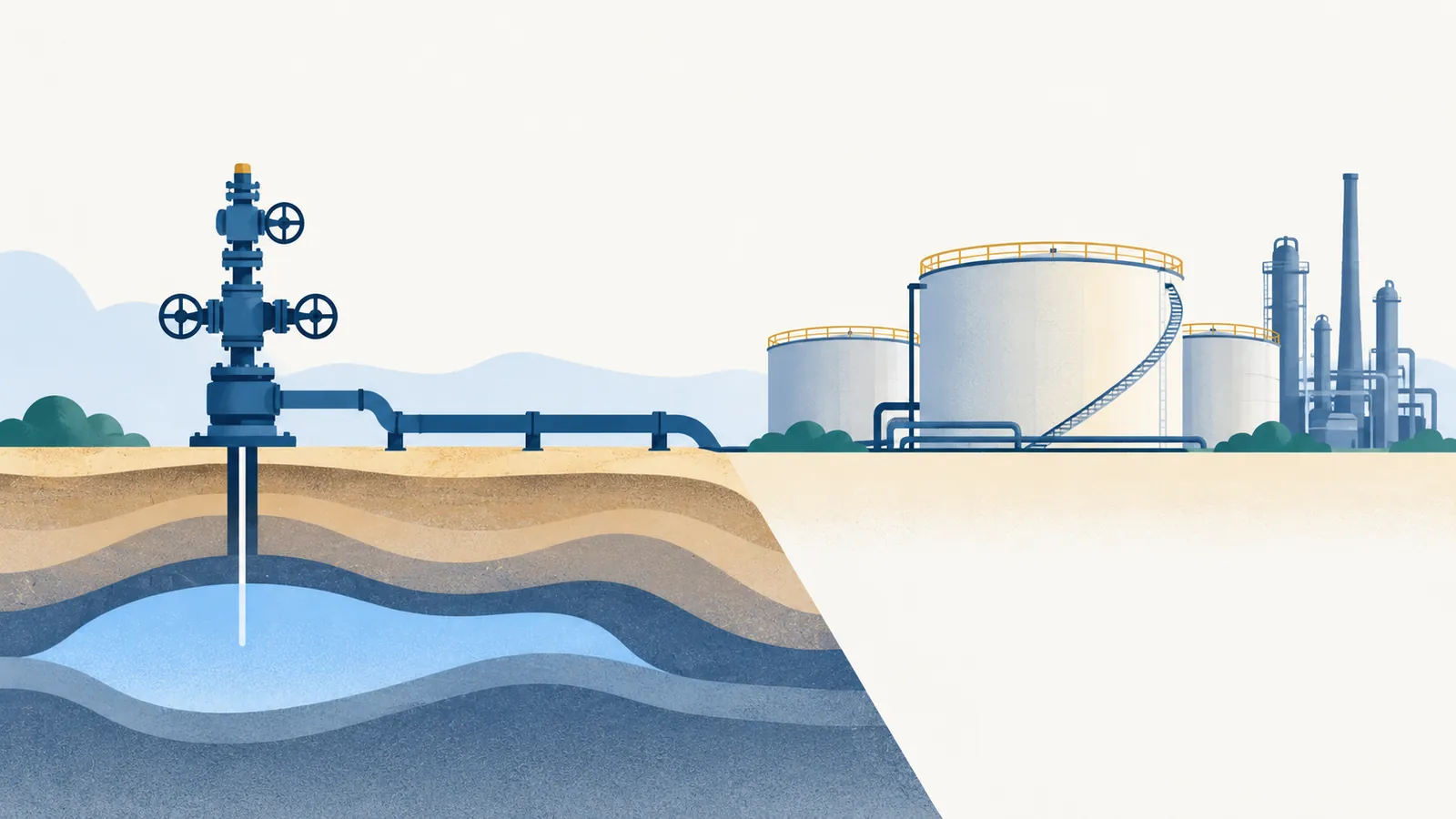 Gas wellhead above underground layers beside petroleum tanks and refinery towers.