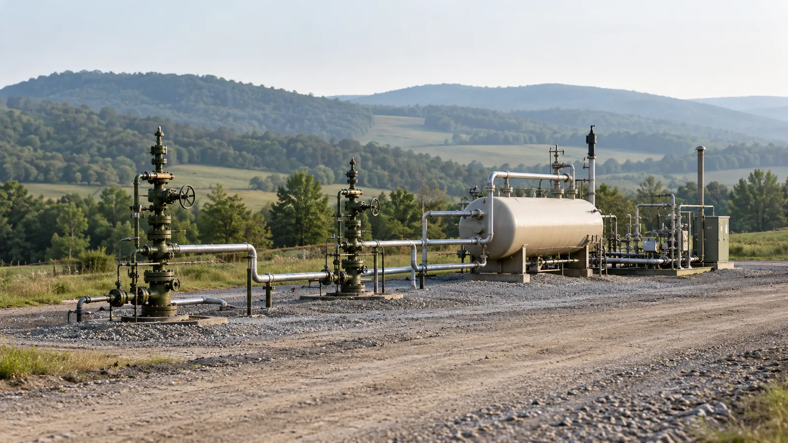 Two gas wellheads and gathering pipes leading toward a horizontal vessel on a gravel pad beside wooded hills.