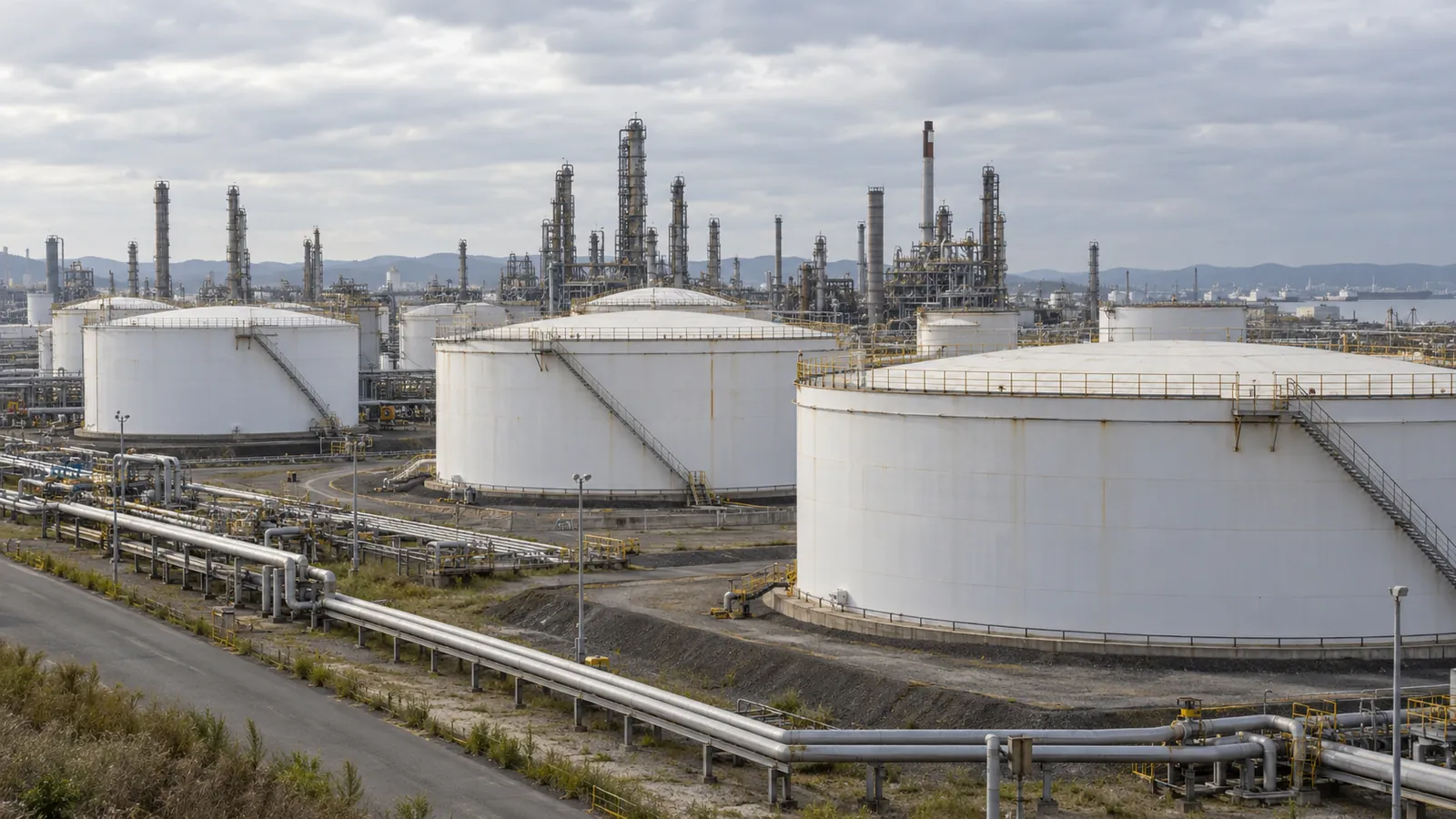 Large white cylindrical petroleum tanks with access stairs, foreground pipes and refinery towers behind them.