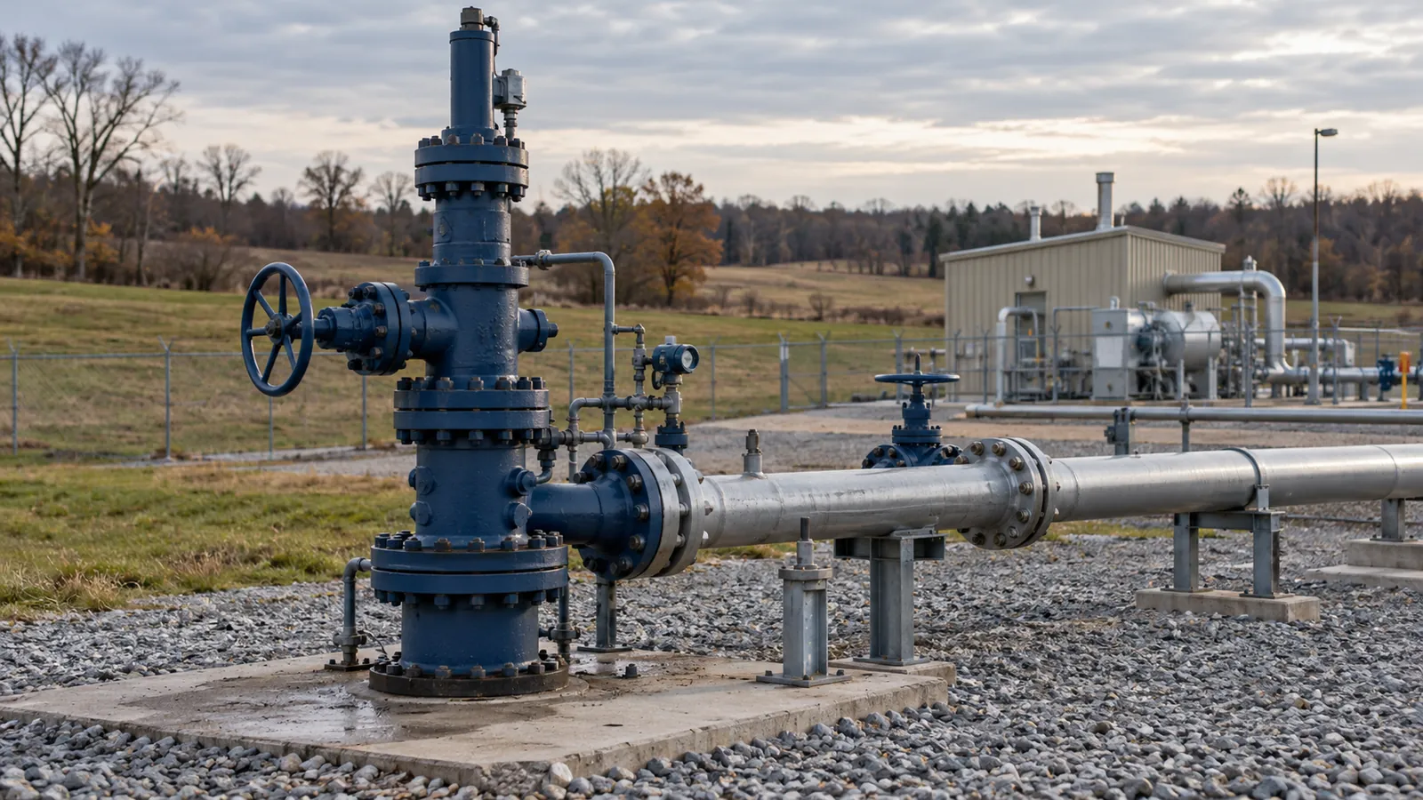Blue gas wellhead connected to a flanged horizontal pipeline, with a small equipment building beyond the gravel pad.