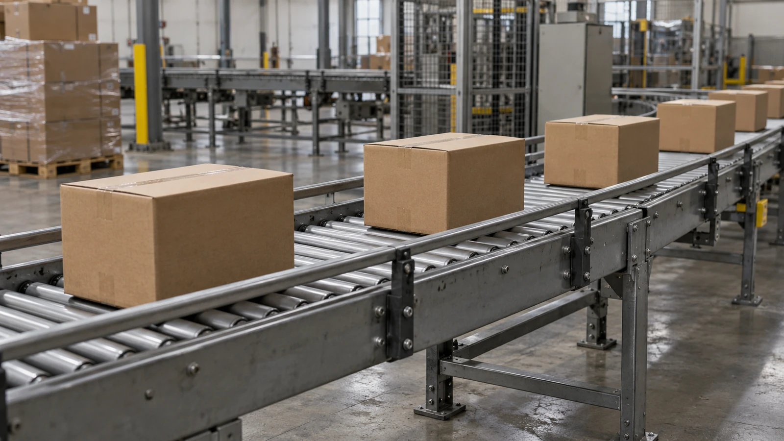 AI-generated illustration of plain cartons moving along a guarded conveyor in an ordinary manufacturing building.
