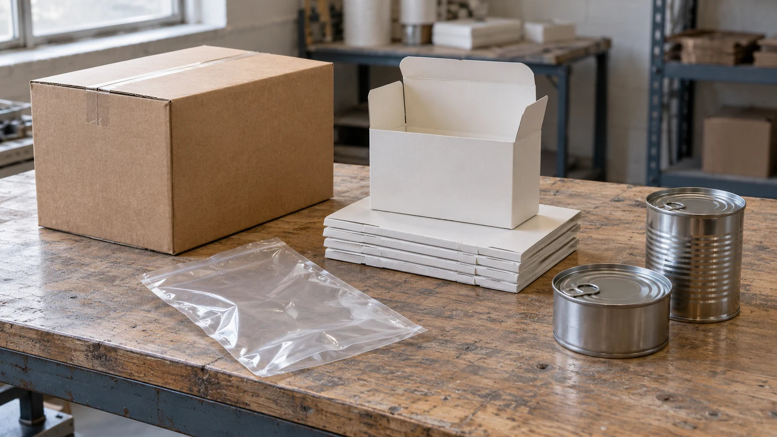 AI-generated illustration of unbranded paperboard, plastic packaging and steel containers on a workbench.