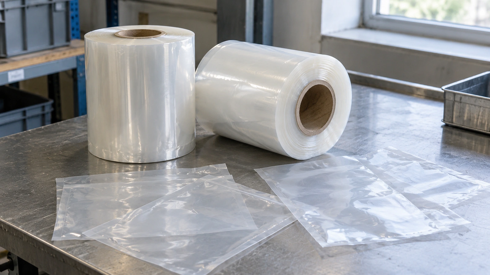 AI-generated illustration of plain flexible packaging film rolls and empty unbranded pouches.
