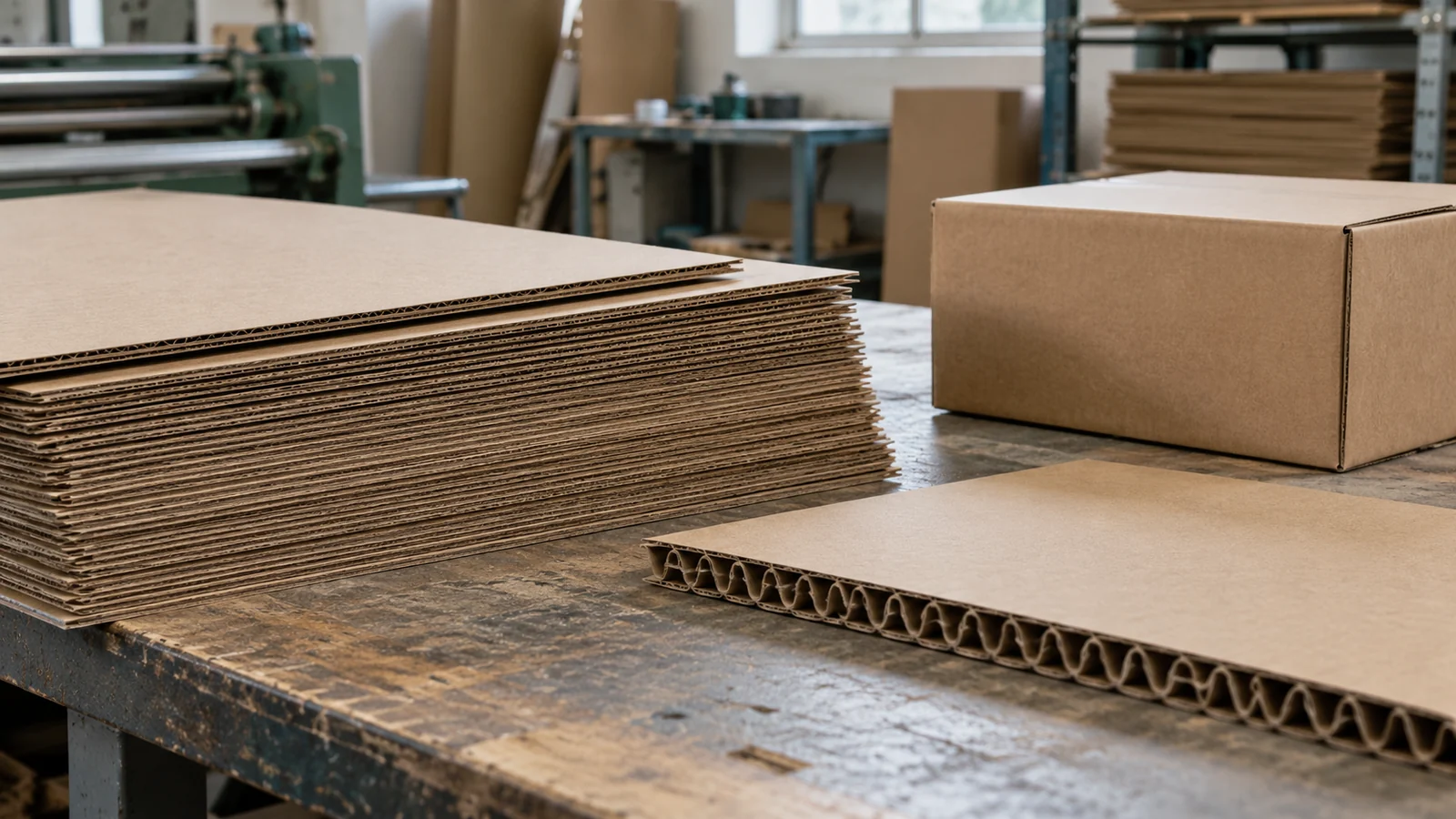 AI-generated illustration of paperboard sheets and corrugated material beside a plain carton.