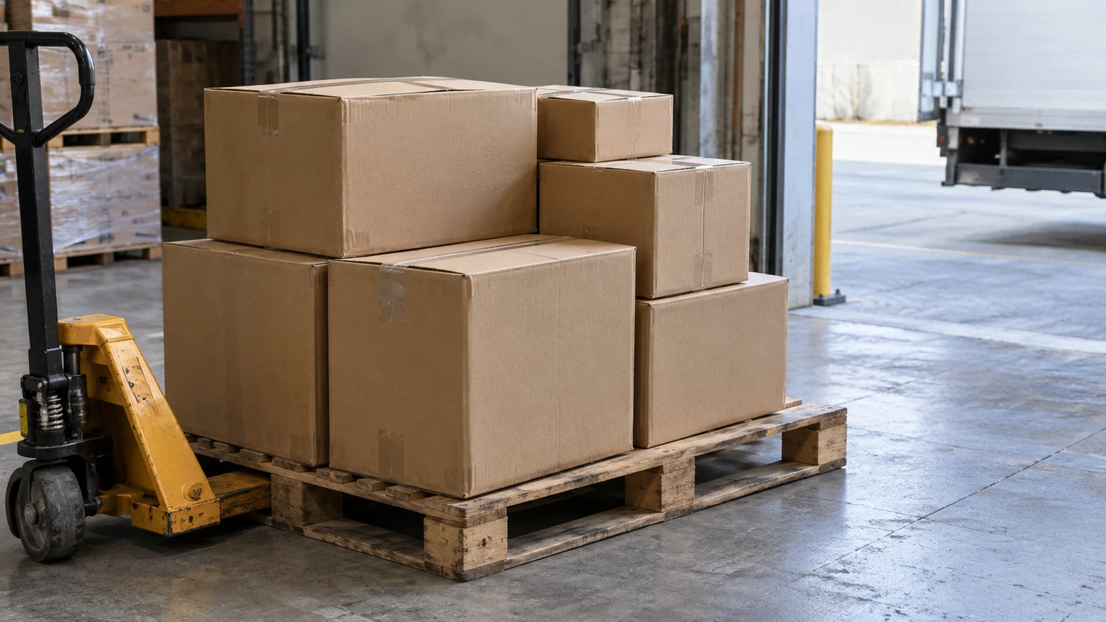 AI-generated illustration of plain cartons on a pallet near a warehouse loading area.