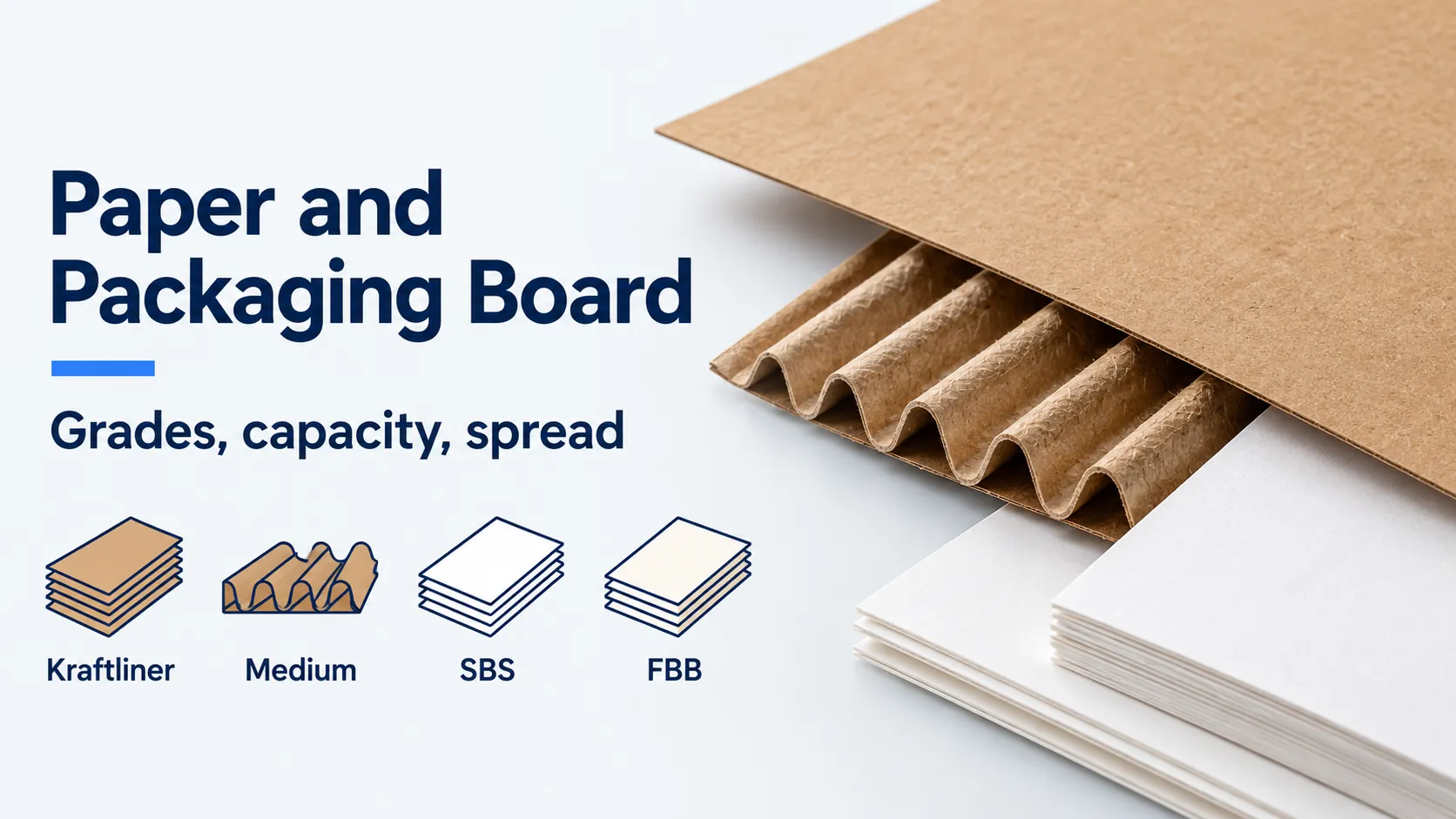 Kraft liner, fluted corrugating medium, and white cartonboard beside the labels Kraftliner, Medium, SBS, and FBB.