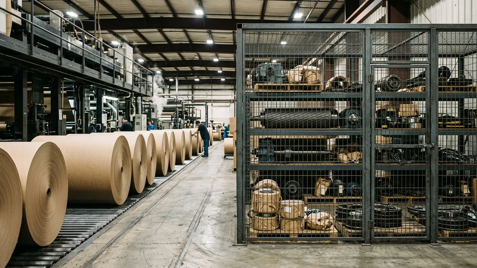 Kraft paperboard parent rolls staged beside a corrugator line next to a wire-mesh maintenance crib holding heavy steel rollers and spare machine parts