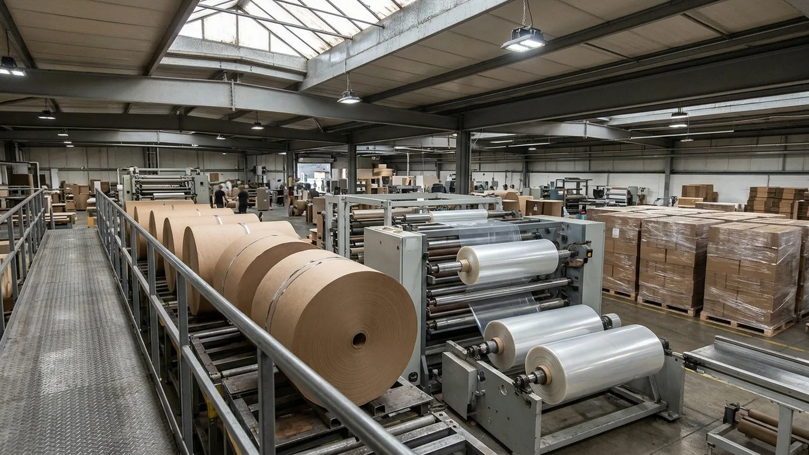 Industrial packaging converter plant floor with kraft paperboard parent rolls, film rolls on converting lines, and shrink-wrapped finished carton pallets