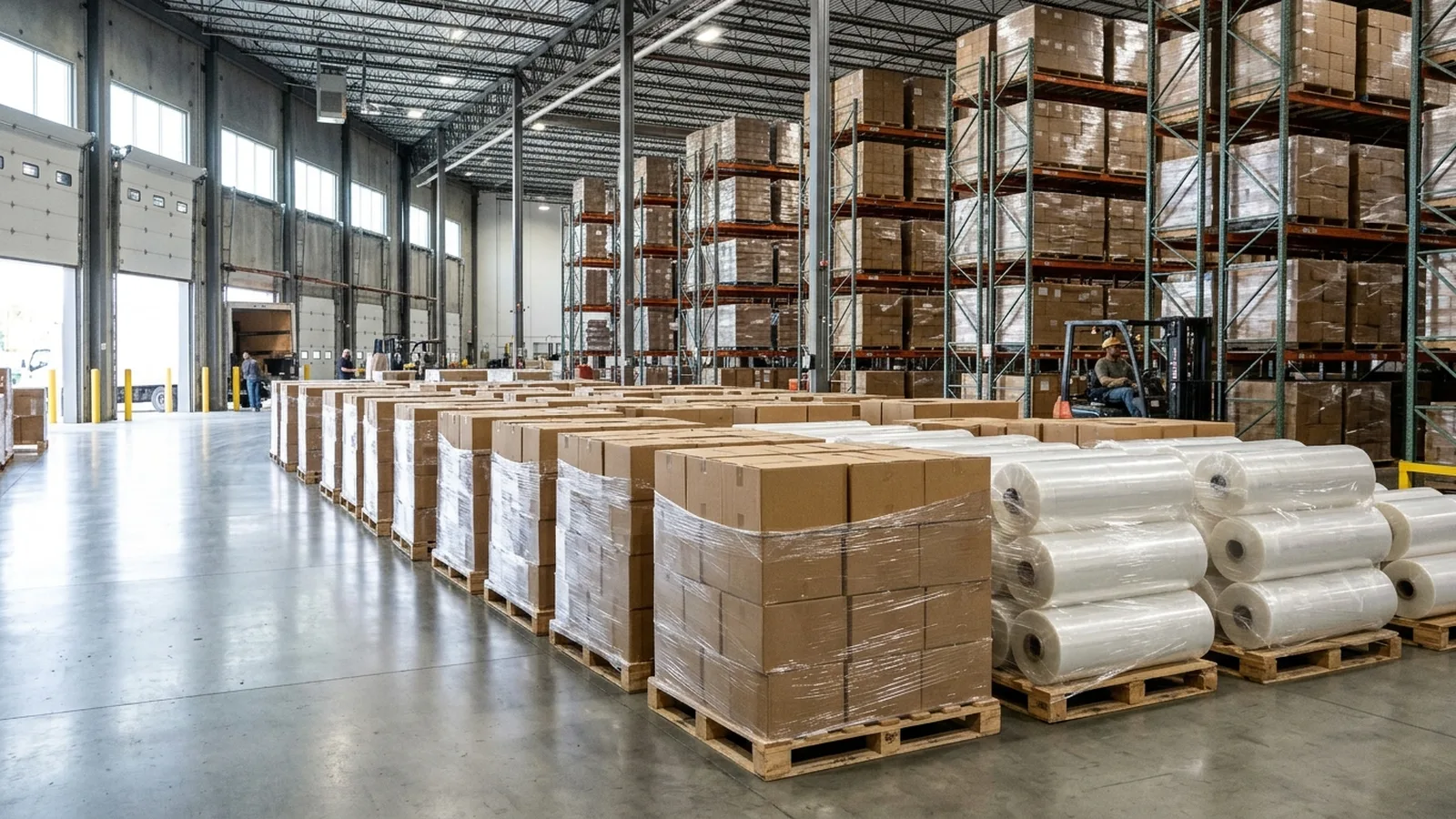 Stretch-wrapped pallets of corrugated boxes and wound flexible film rolls staged in warehouse shipping lanes near loading dock doors