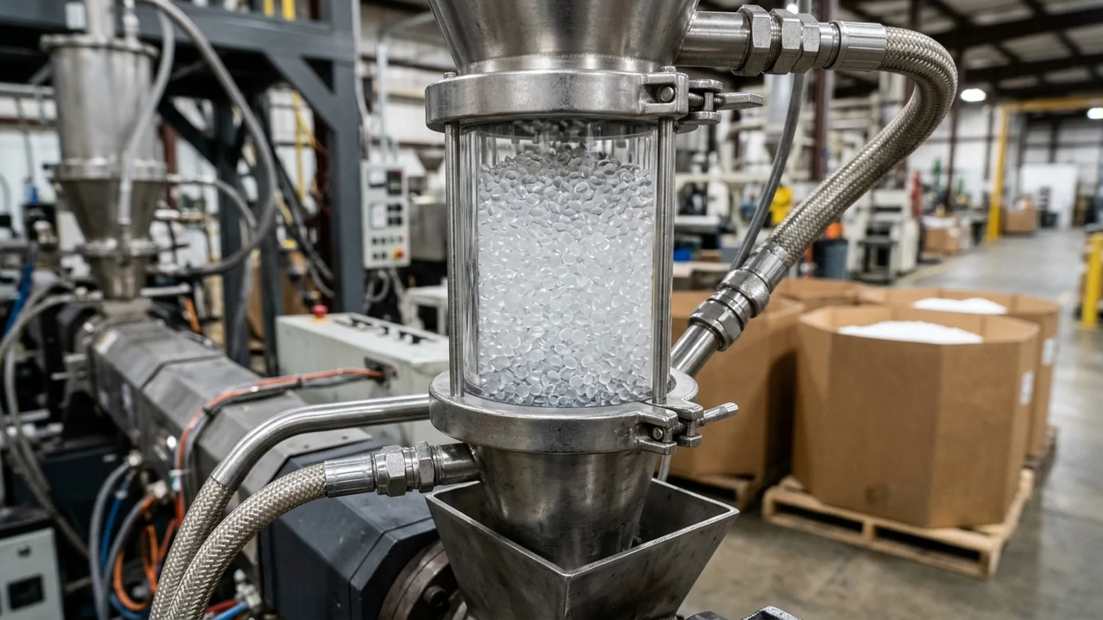 Translucent plastic resin pellets inside a stainless-steel vacuum hopper loader above an extrusion barrel with bulk gaylord bins in the background