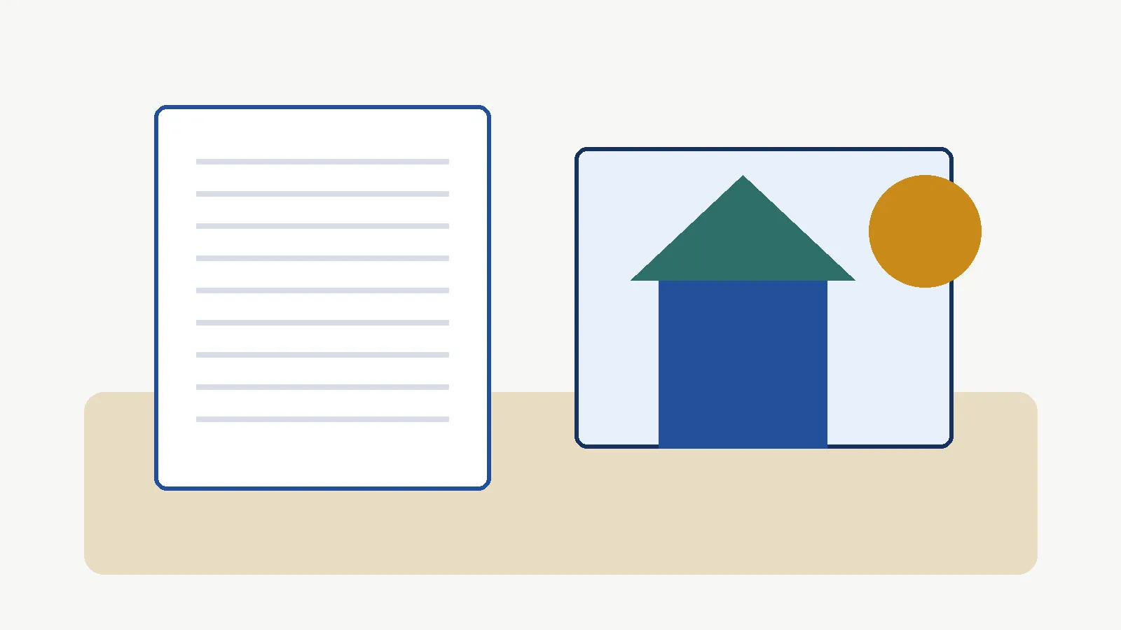Illustration of a report, a factory block and a round marker on a desk, standing in for three different ways of stating company value.