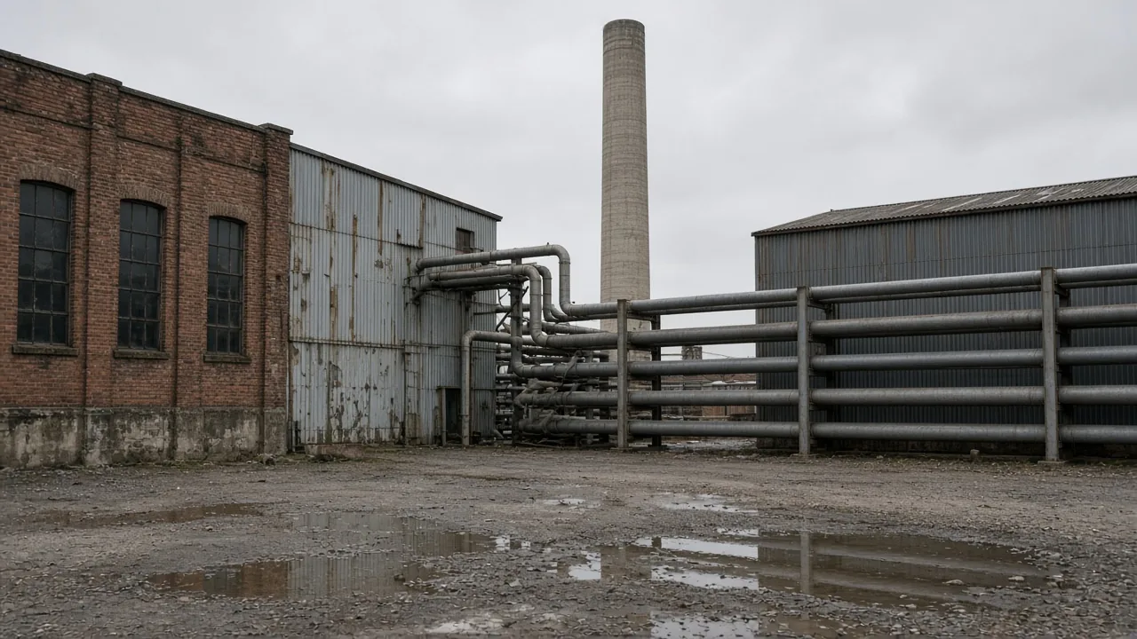 Unbranded industrial plant with a pipe rack and a plain stack under overcast light, no signage.
