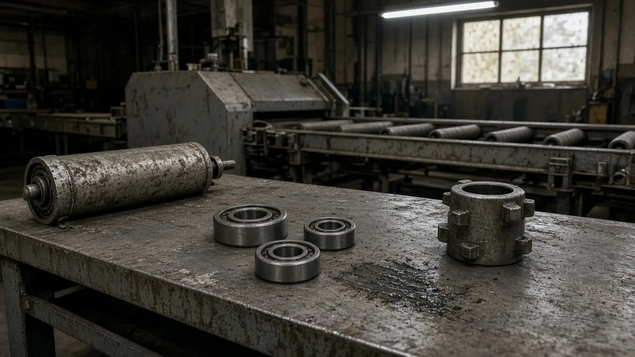 Worn conveyor roller, three bearings and a metal coupling on a scratched steel bench in a plant bay.