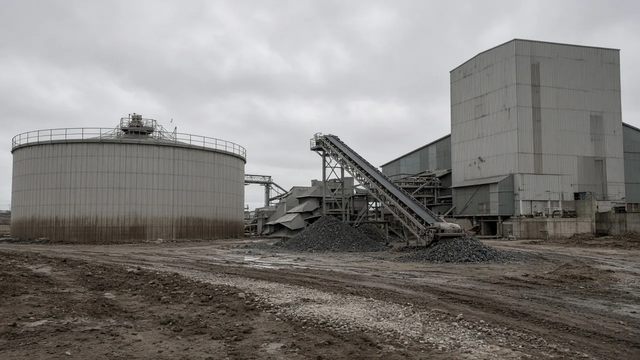 Unbranded processing yard with a large tank, a conveyor and a mill building under overcast light.