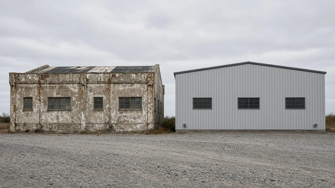 Two unbranded industrial buildings side by side, one weathered concrete and one newer metal-clad, on a gravel lot.