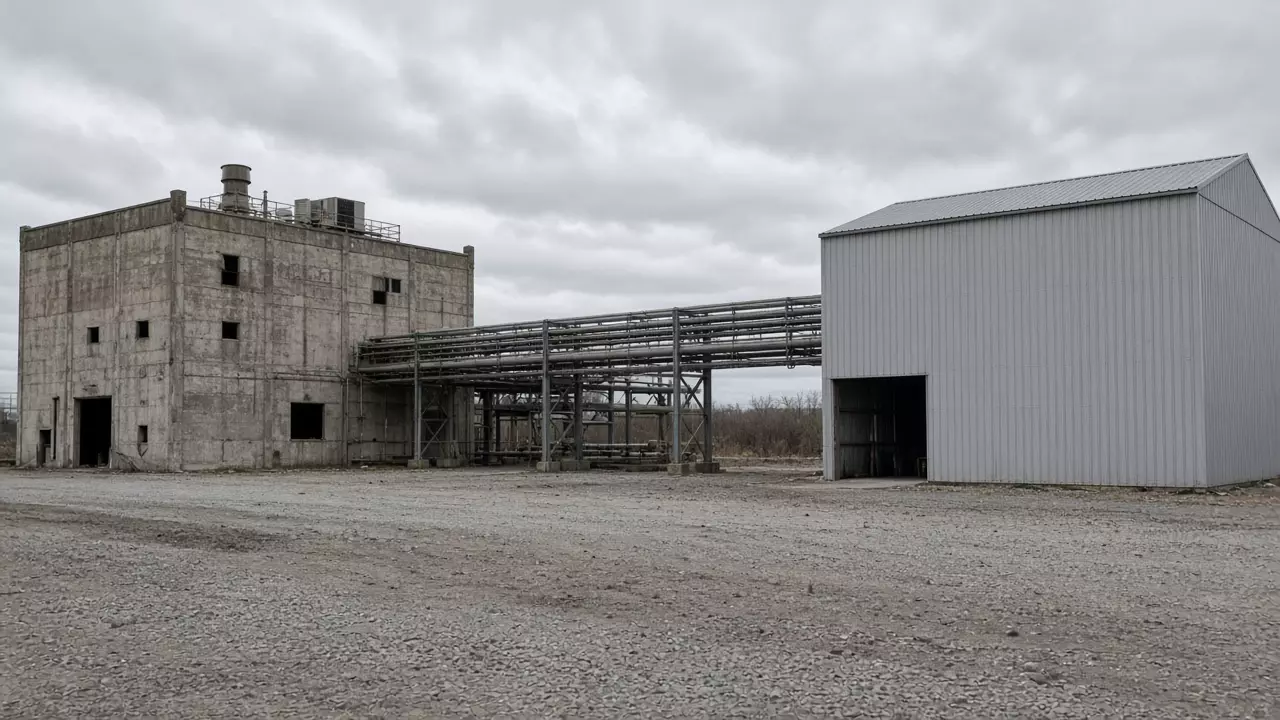 A concrete industrial building and a metal-clad building joined by a pipe rack, on a gravel lot under cloud.