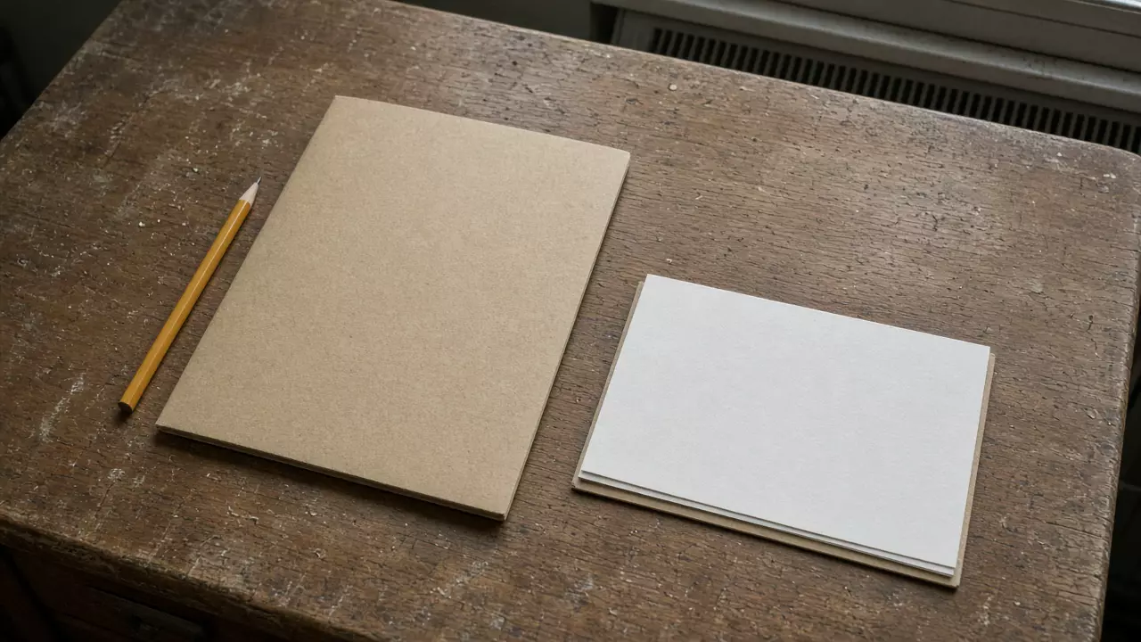 A wood desk with a closed kraft folder, a yellow pencil, and a blank notepad.