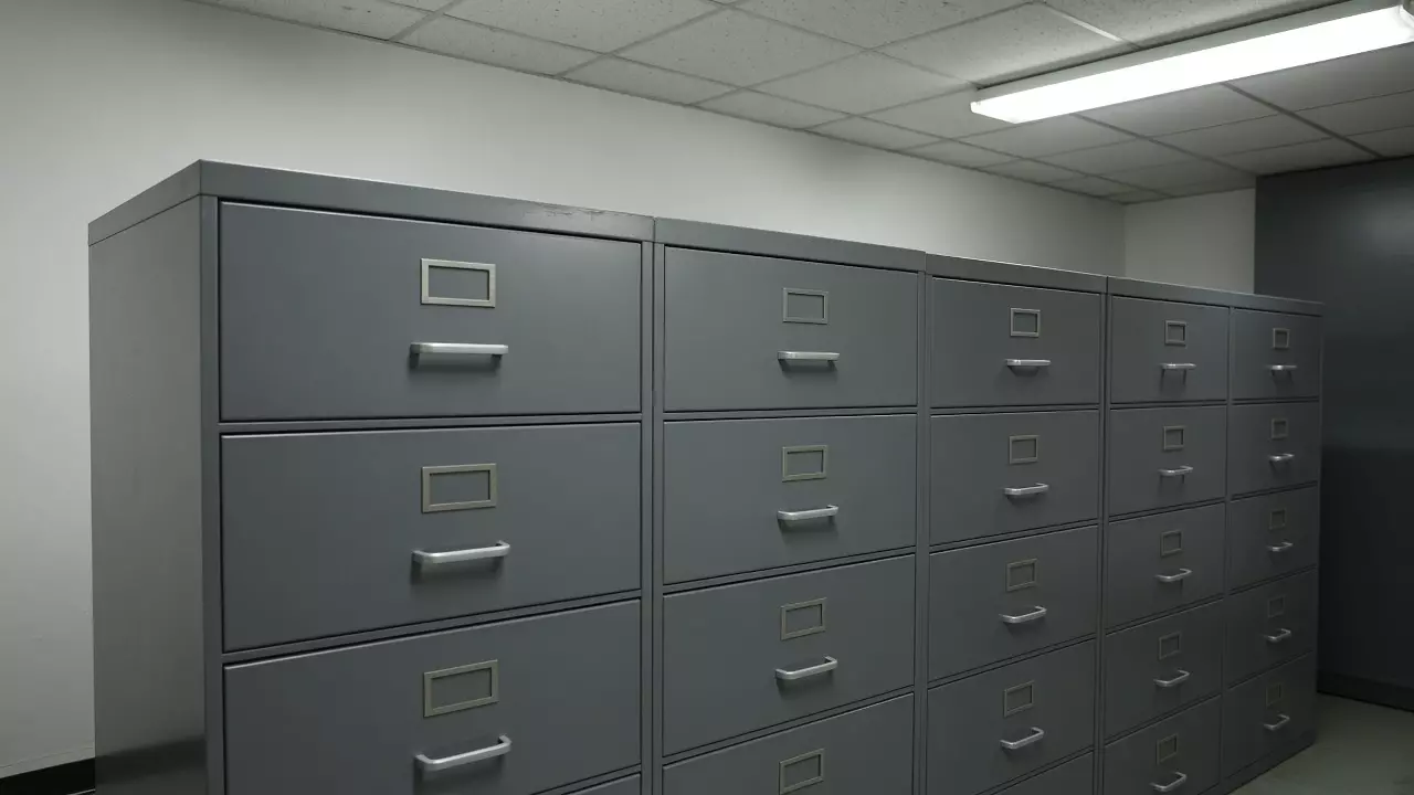 Gray metal filing cabinets with empty label holders under a fluorescent light.