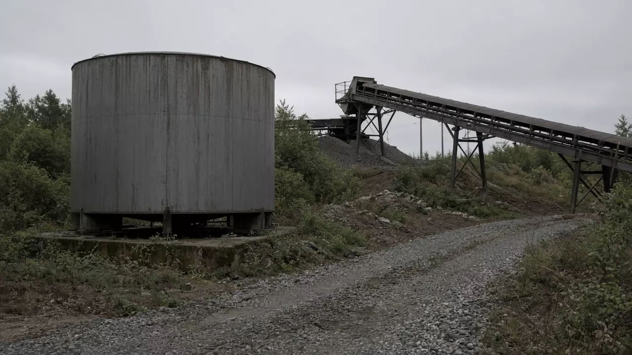 A steel tank and a conveyor beside a gravel path, with trees behind them.
