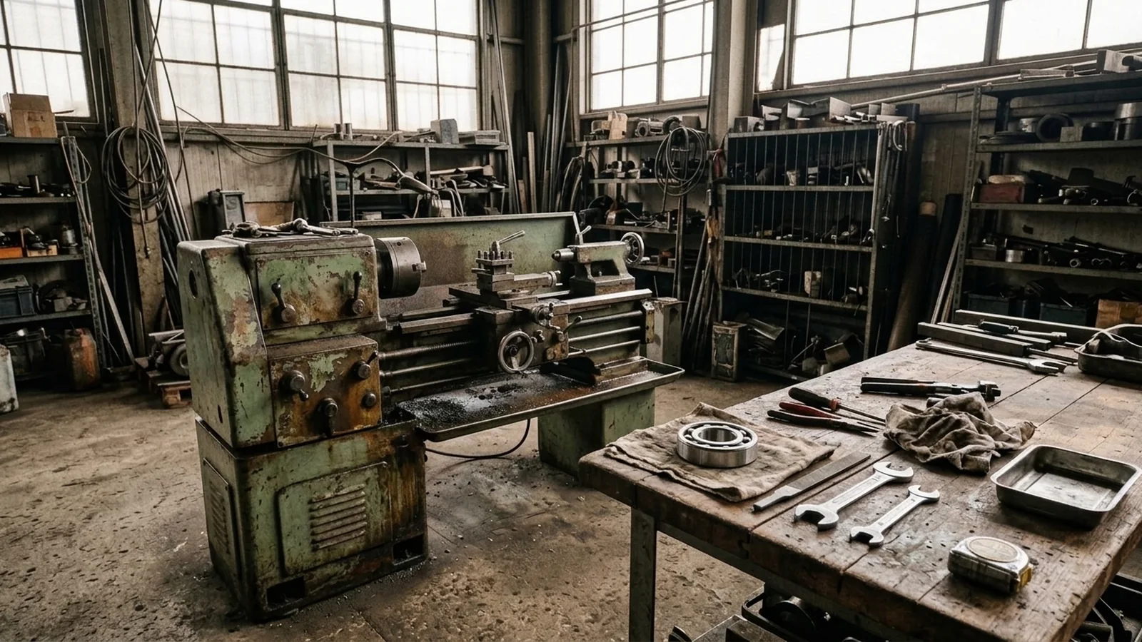 A metalworking machine beside a workbench holding a bearing and hand tools in a workshop.