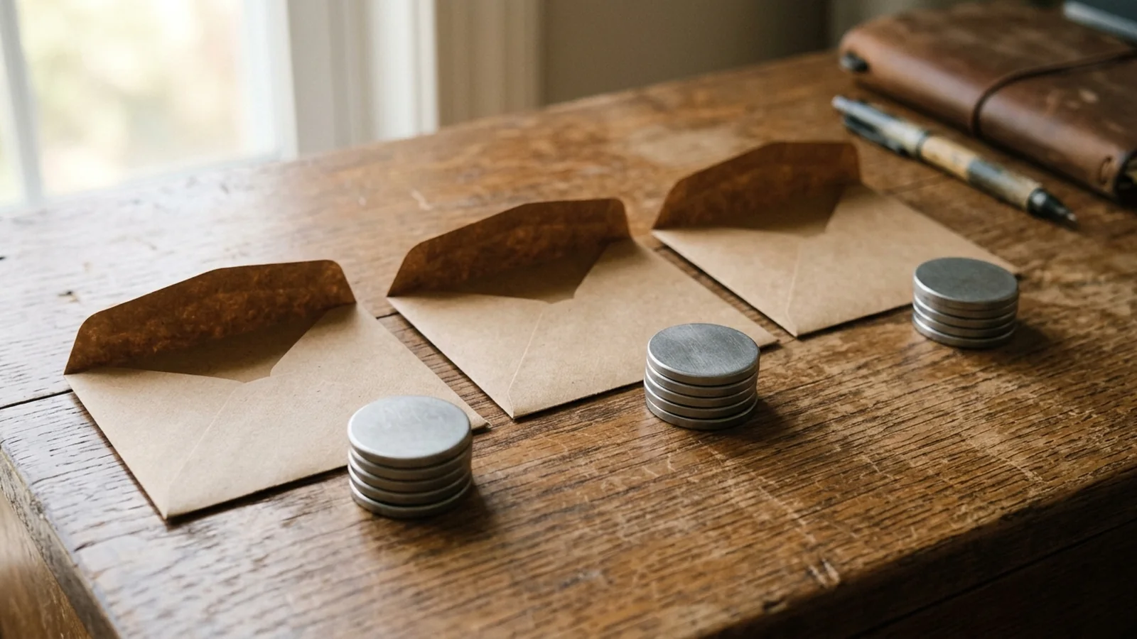 Three open kraft envelopes with separate small piles of plain metal tokens on a tabletop.