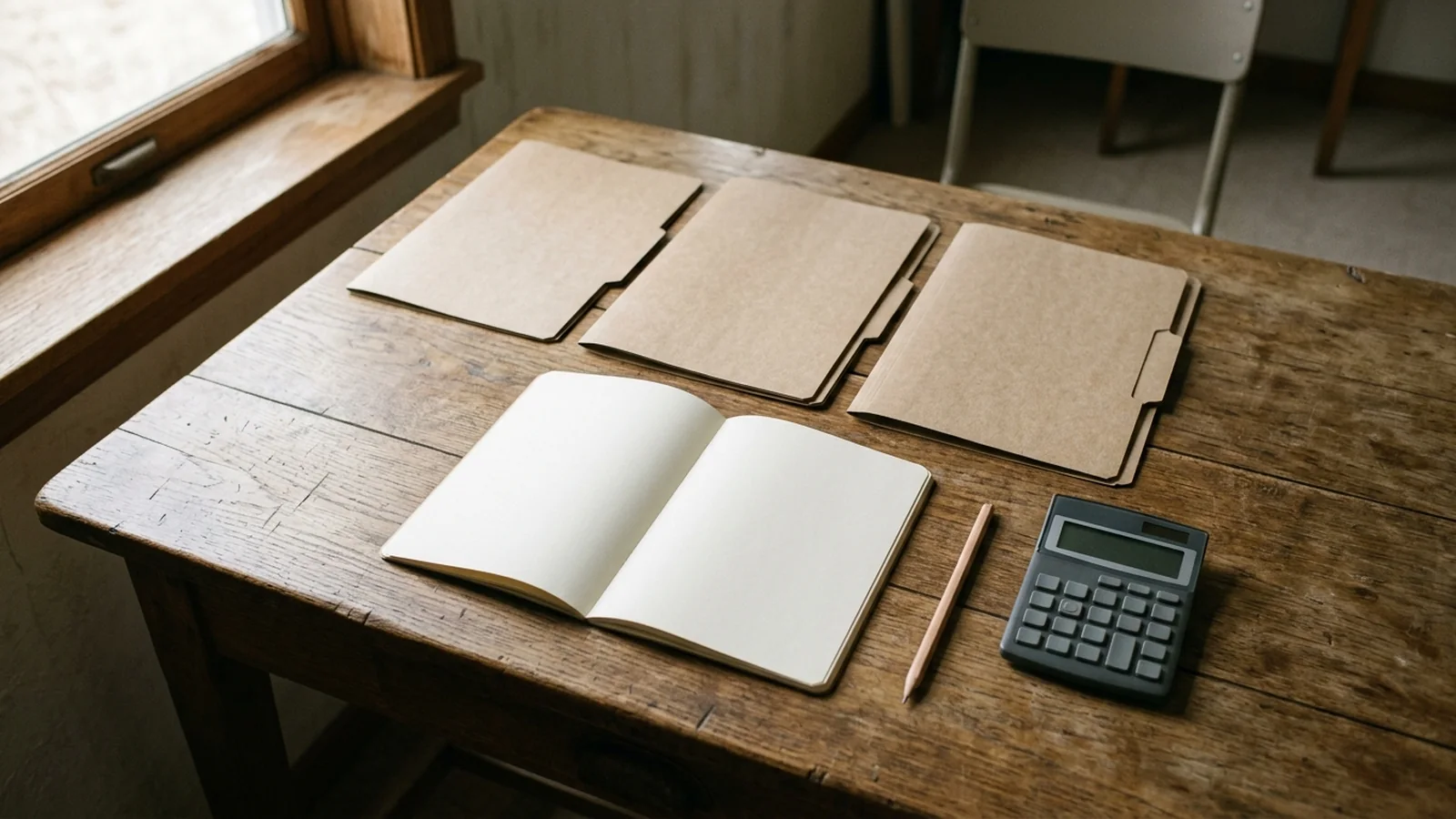 Plain folders, a blank notebook, a pencil and a calculator on a wooden desk.