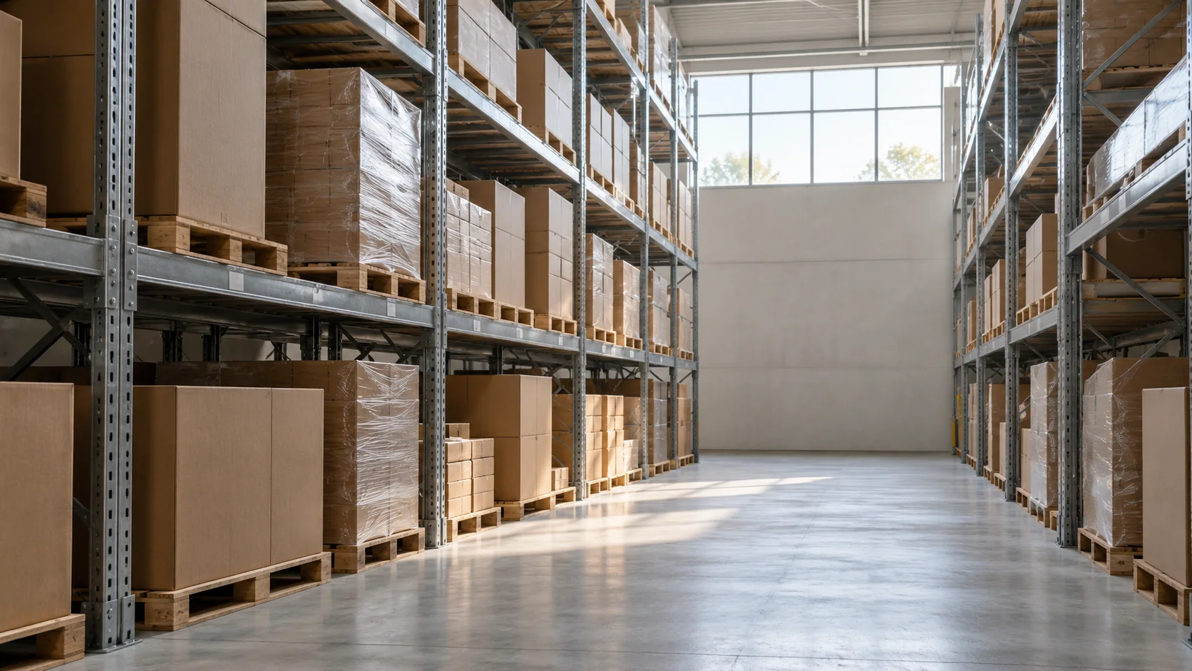 Illustrative photograph of an unbranded aisle. Not a mill, a capacity figure, or a named company. A quiet warehouse aisle with plain racks and daylight from a high window, no signs.