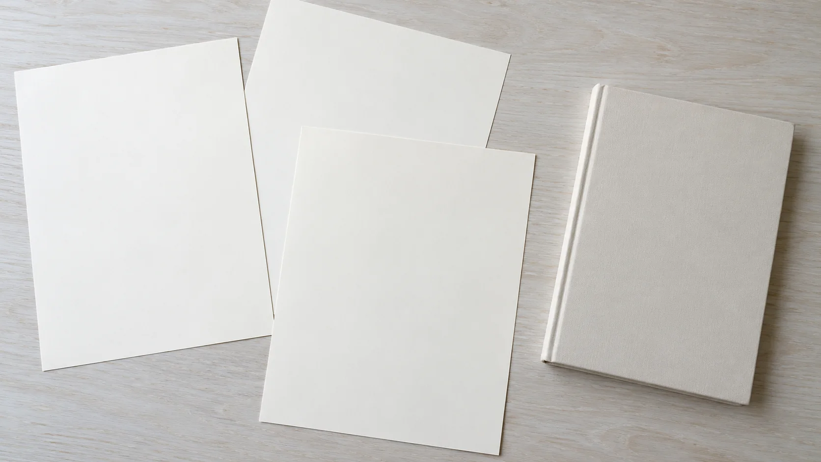 Illustrative photograph of blank paper. Not a filing, a model printout, or a market result. Blank paper and a closed notebook on a pale desk, with no figures written down.
