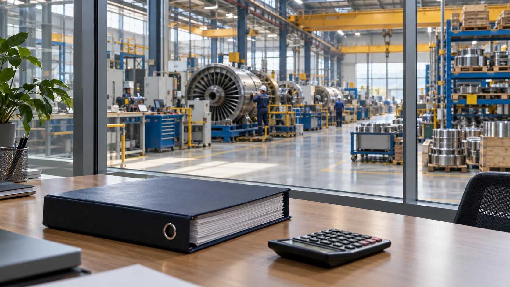 Factory office overlooking an industrial assembly hall