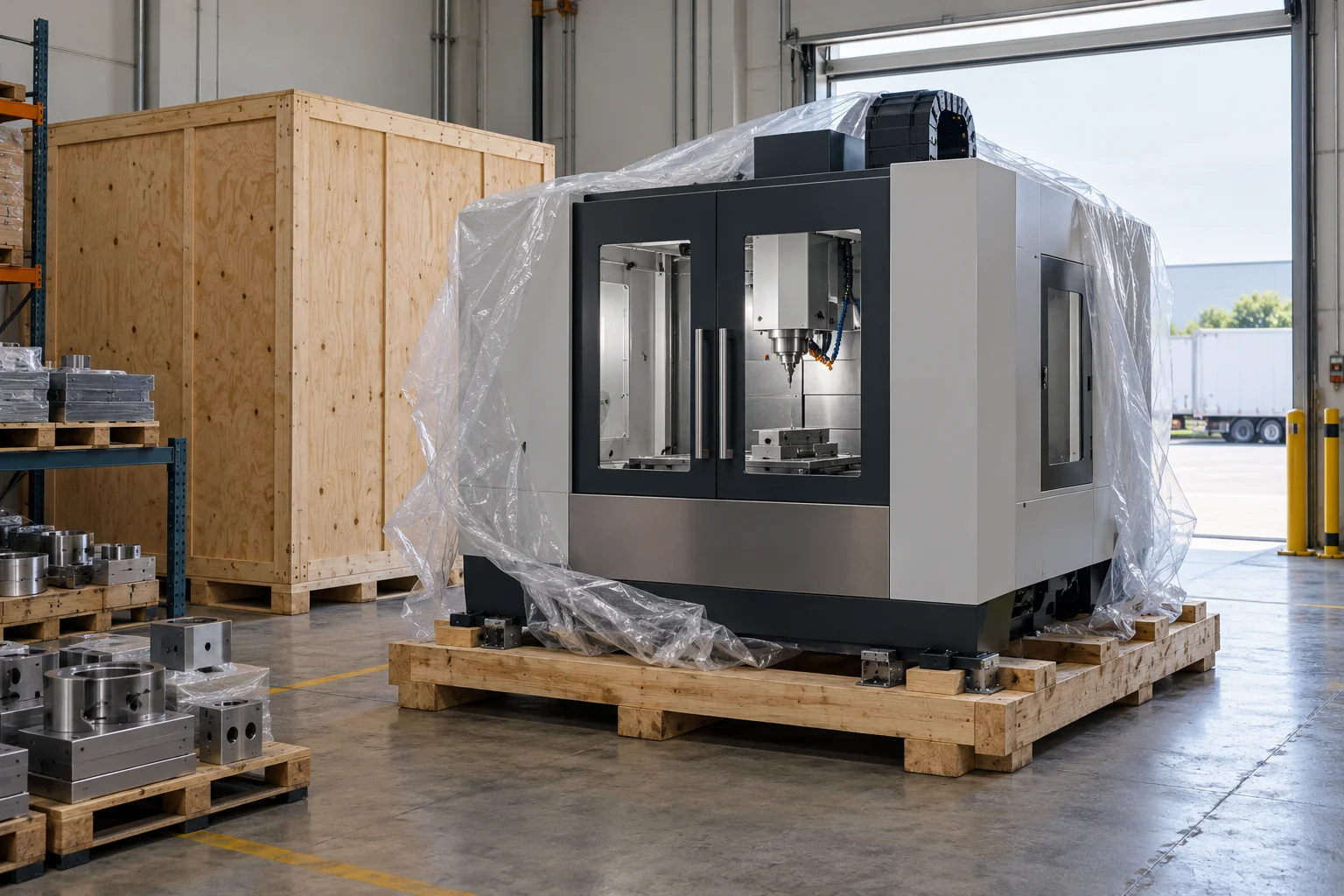 Enclosed production machine on transport skids beside a shipping crate