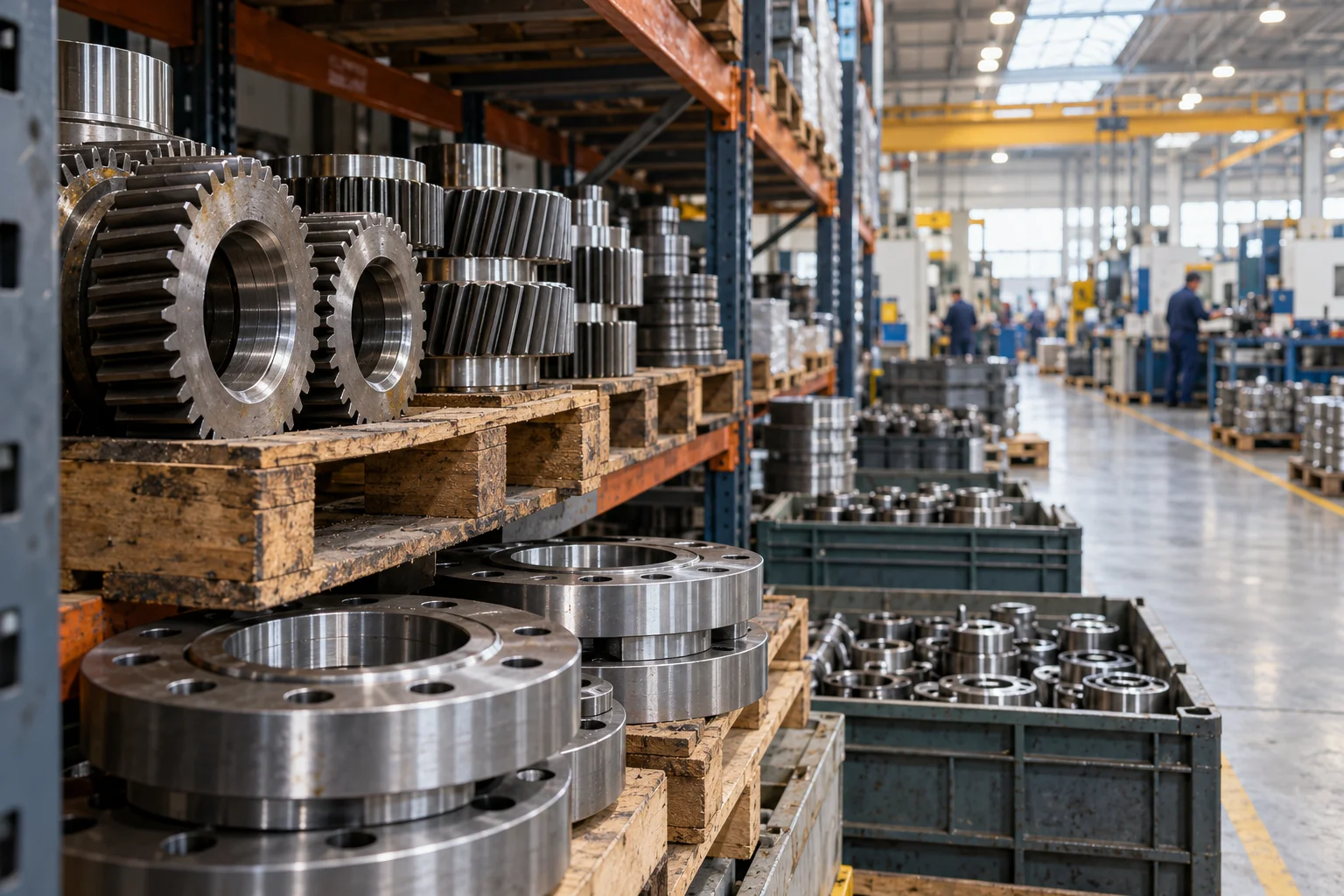 Machined metal components on pallets and in storage bins