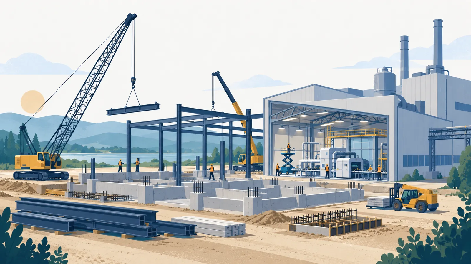Plant expansion with cranes, concrete foundations, steel frames and a new production line being installed.