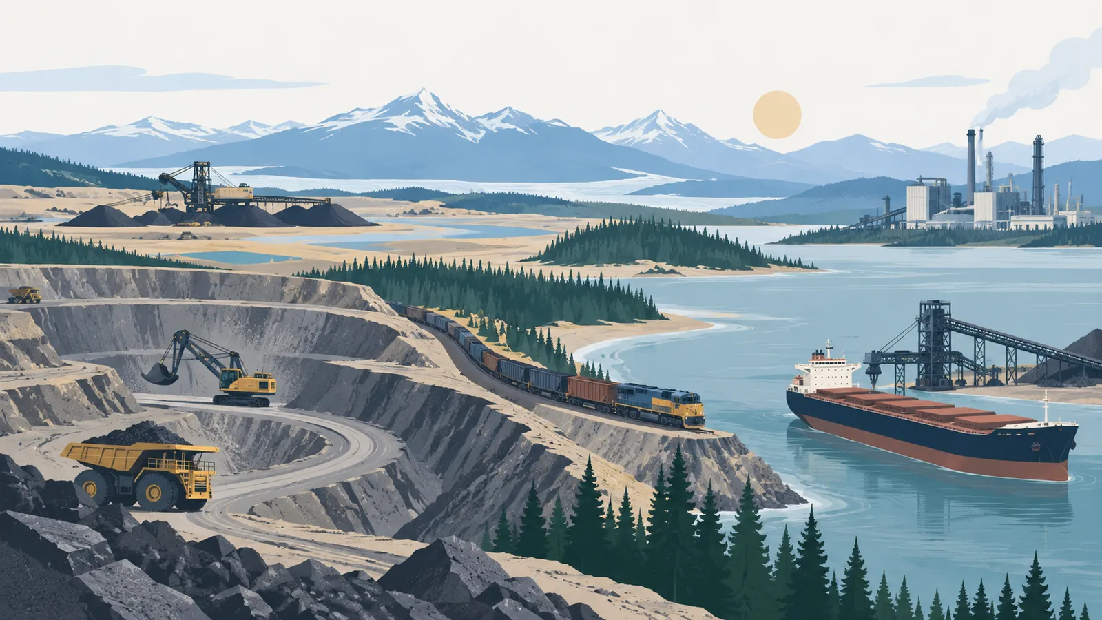 Open-pit mine and oil sands site connected to rail, a cargo ship and a distant factory.