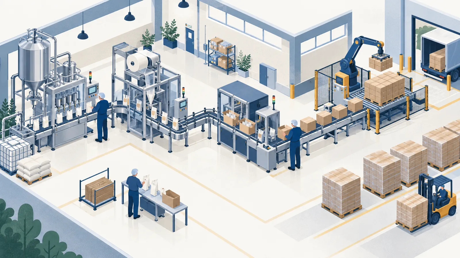 A stylized packaging hall with filling, pouch, cartoning and palletizing stations.