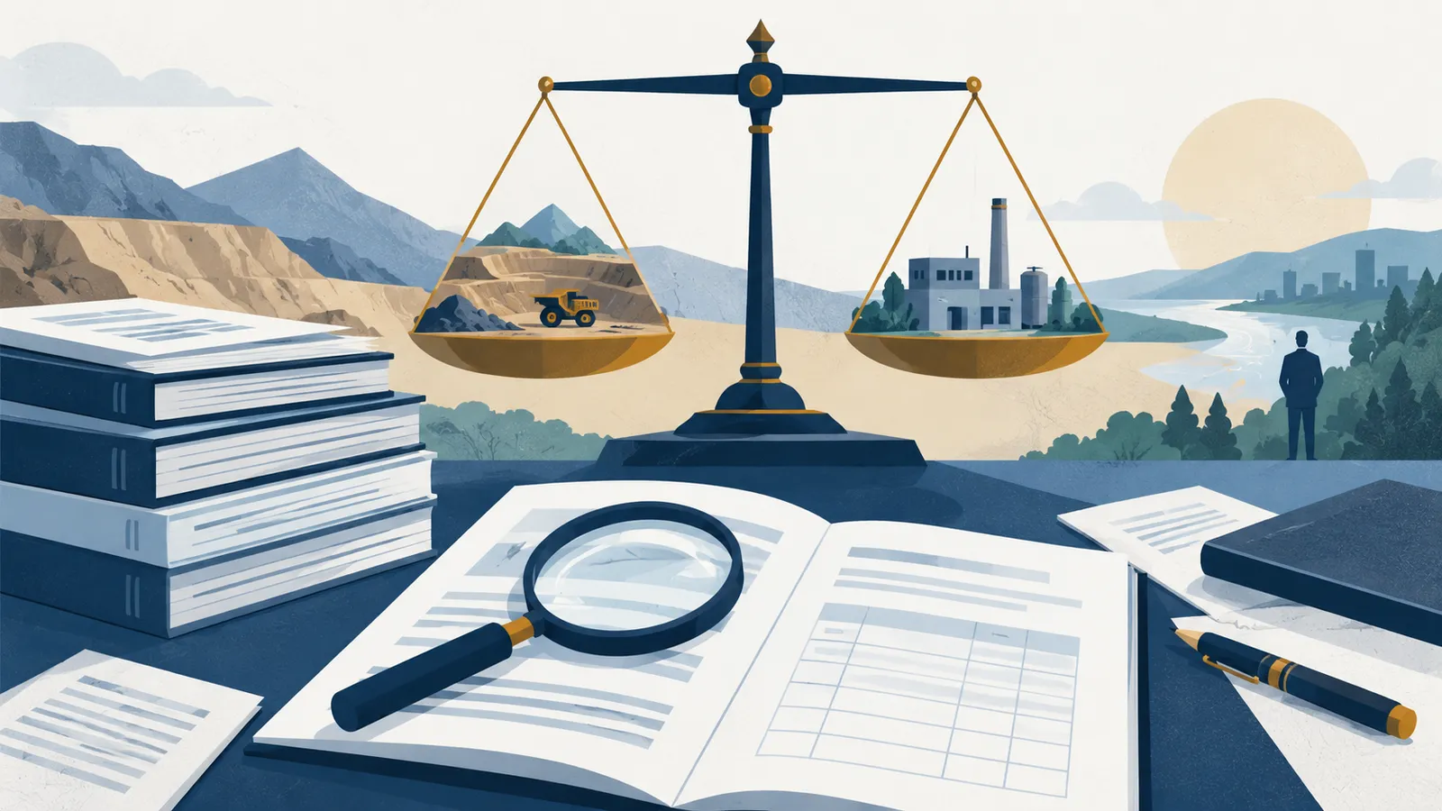 Annual reports, a magnifying glass and a scale balancing a mine site and a factory.